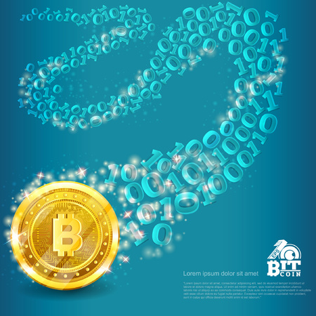Golden bitcoin with binary code trail on blue. Abstract vector glossy business backgroundのイラスト素材