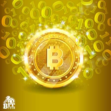 Golden bit coin in the center of yellow background with binary code. Abstract vector glossy business backgroundのイラスト素材