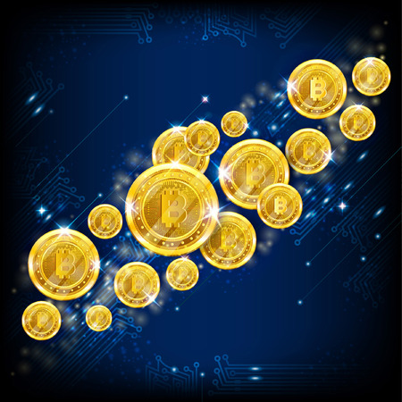 Golden bitcoins flying on blue square backgroundのイラスト素材