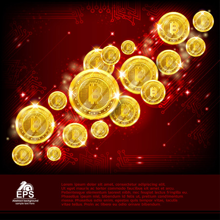 Golden bitcoins flying on red background. Abstract vector glossy red backgroundのイラスト素材