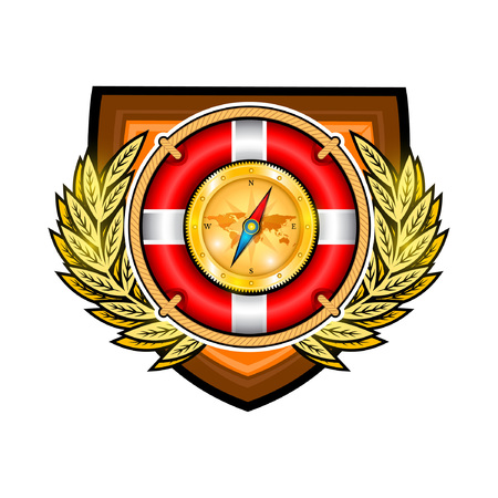 Golden compass on red lifebuoy in the middle of golden wreath in center of shield isolated on white. Sport logo for any yachting or sailing team or championshipのイラスト素材