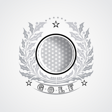 Golf ball in center of silver wreath from holy plant. Sport logo for any team or championshipのイラスト素材