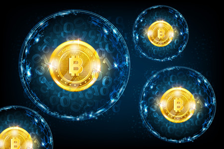 Group of round spheres with binary code and golden bit coin in the center. Business blue horizontal backgroundのイラスト素材