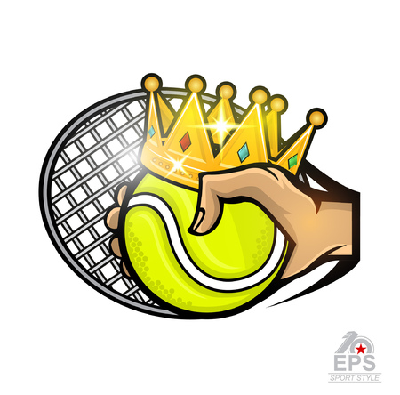 Hand hold tennis ball with crown and racquet in center. Vector sport logo isolated on white for any team or competitionのイラスト素材