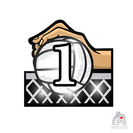 Hand hold volleyball above net with number one or first place. Vector sport logo isolated on white for any team or competitionのイラスト素材