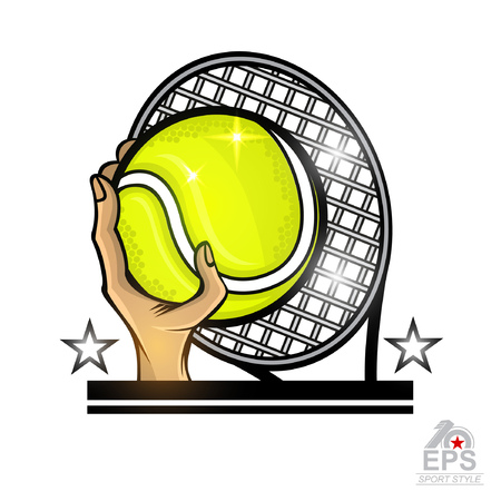 Hand hold tennis ball and racquet in center. Vector sport logo isolated on white for any team or competitionのイラスト素材