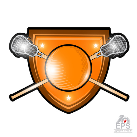Lacrosse ball with crossed lacrosse stick in center of shield. Sport logo for any team or championship isolatedのイラスト素材