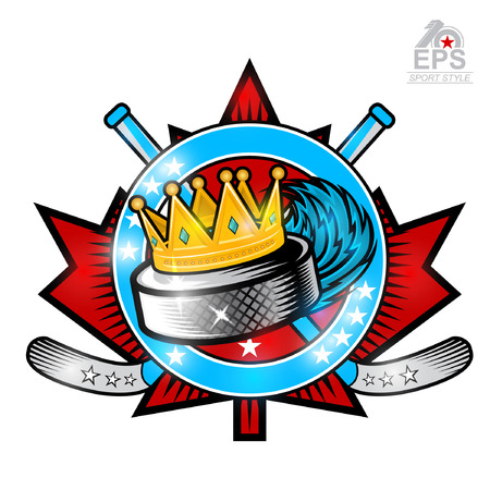 Hockey puck with crown and crosses hockey sticks on red maple leaf. Vector sport logo isolated on white for any team or competitionのイラスト素材
