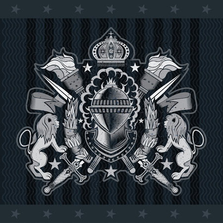 Knight helmet side view in center with crossed swords and torches between lions. Heraldic vintage label on blackboardのイラスト素材