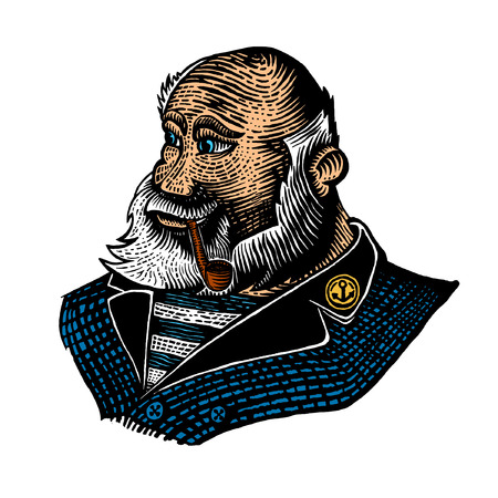Man, captain with white beard and pipe engraving style. Vintage engraving, woodcut style for design or t-shirt designのイラスト素材