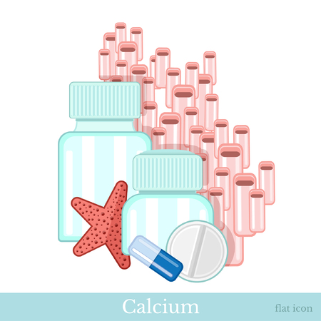 Plastic jars with coral, fish star and pills on white. Flat icon calcium, nutritional supplementsのイラスト素材