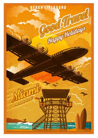 Plane fly over the beach with rescue tower and surfing board, in sunset, against the sun, view from the bottom. Vector vintage illustration Miami retro poster styleのイラスト素材
