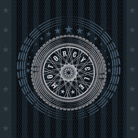 Motorbike wheel in side view with stars. Vintage motorcycle design on blackboardのイラスト素材