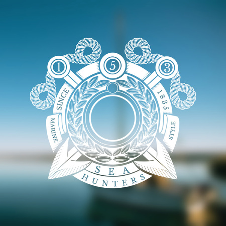 Round Wreath With Cross harpoons. Marine Vintage Label On Blurred Photo Backgroundのイラスト素材