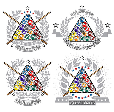 Set of labels with pyramid of billiard balls and crossed cues in center of silver wreathes. Sport logo for any billiard game or championshipのイラスト素材