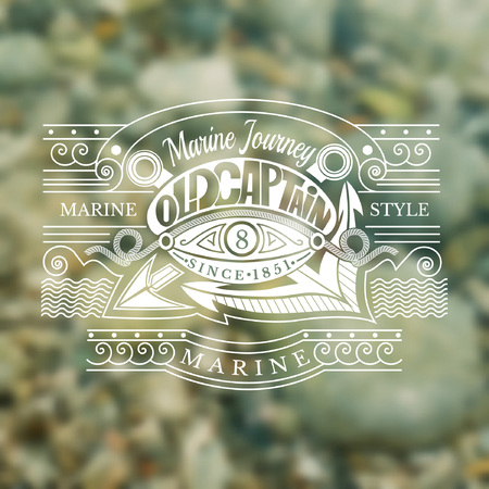 Sailor Cap in Centre And Harpoon And Anchor Cross Behind. Marine Label On Blurred Photo Backgroundのイラスト素材