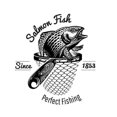 Salmon fish head up from landing net in engraving style. Logo for fishing or fishing shop isolated on whiteのイラスト素材