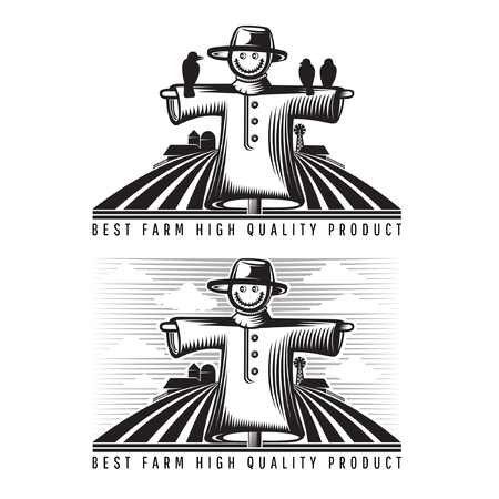 Scarecrow with farm and field, farm label in vintage styleのイラスト素材