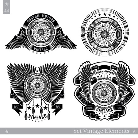 Set of banners with motorbike wheel in side view with wings, stars and ribbon. Vintage motorcycle design on whiteのイラスト素材