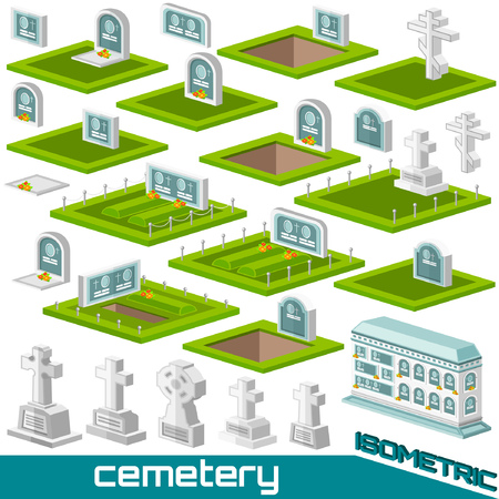 Set of isometric grave and crosses different style for cemetery vector illustrationのイラスト素材