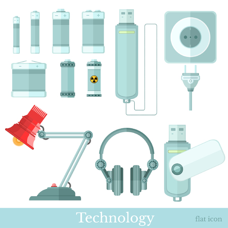 Set of technology flat icons on white. lamp, battery, headphones and flash driveのイラスト素材