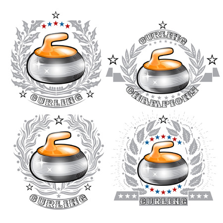 Set of yellow curling stones in center of silver wreathes. Sport logo for any curling game or championshipのイラスト素材