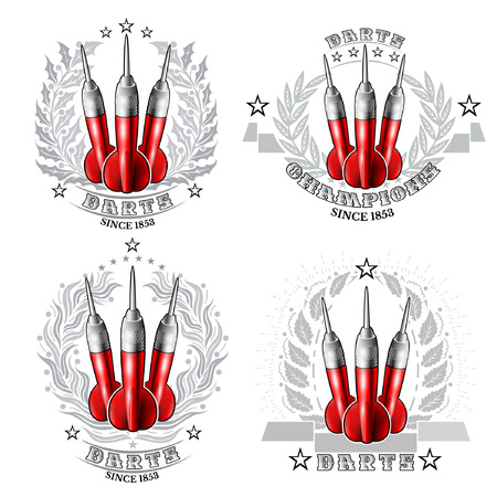 Set with red darts in center of silver wreath. Sport logo for any darts game or championshipのイラスト素材