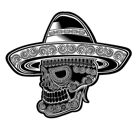 Skull front view with mexican hat and pattern on face symbol of Dia de Muertos holiday. Monochrome illustration isolated on whiteのイラスト素材