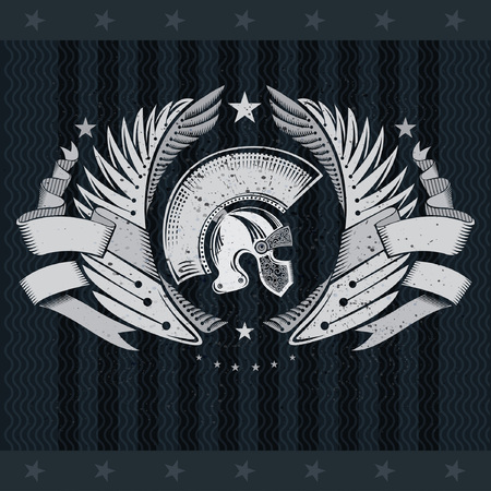 Spartan helmets in the center of wings and ribbon. Heraldic vintage label on blackboardのイラスト素材