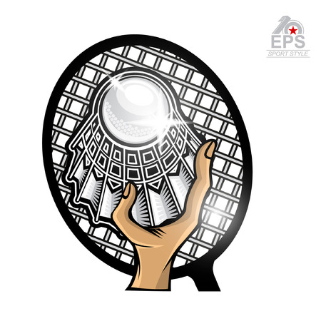 Shuttlecock with racket in center and free style text. Sport logo isolated on white for any badminton team or championshipのイラスト素材