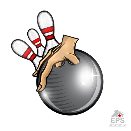 Three skittles behind the hand which hold bowling ball. Sport round logo for any team or championship isolated on whiteのイラスト素材