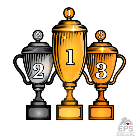 Three cups first gold, second silver and third place bronze. Vector sport logo isolated on white for any team or competitionのイラスト素材