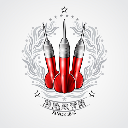 Three red darts in center of silver laurel wreath. Sport logo for any darts game or championshipのイラスト素材