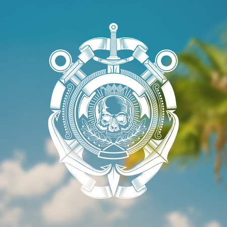 Two cross anchor with ribbon pattern and skull front view without a lower jaw in cente. Vintage label on blurred photo backgroundのイラスト素材