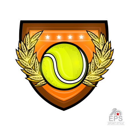 Tennis ball in the middle of gold wreath in center of shield. Sport logo for any team or competition isolated on whiteのイラスト素材