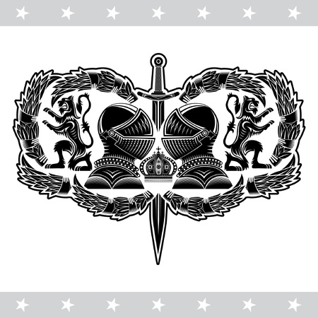 Two knight helmets in center with sword between lions and laurel wreath. Heraldic vintage label on whiteのイラスト素材