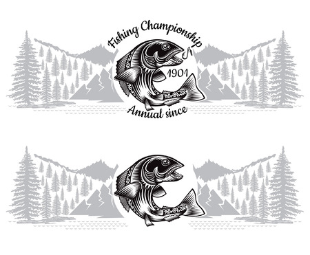 Two banners with salmon fish bend silhouette with crossed fishing rod in engrving style with landscape. Logo for fishing, championship and sport club on whiteのイラスト素材