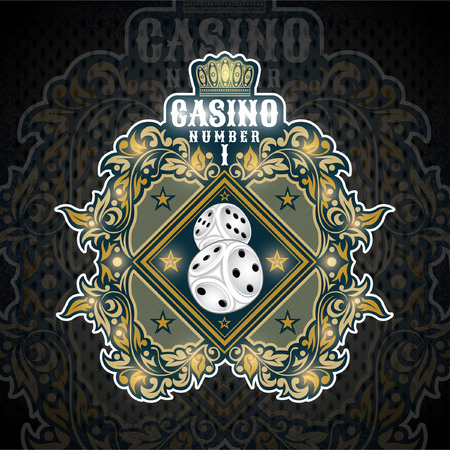 Two dice in center of blue banner with golden pattern. Sport logo for any casino or boardgame all starのイラスト素材