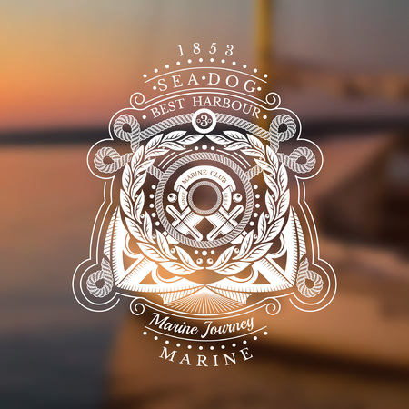 Two Anchors With Wreath Rope And Ribbons. Sea Vintage White Label On Blurred Photo Backgroundのイラスト素材
