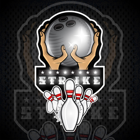 Two hand hold bowling ball and scattering pins in center. Sport logo for any team or championshipのイラスト素材