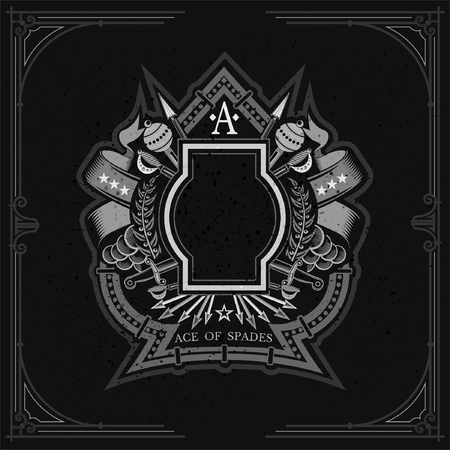 Vintage weapon and frame with wreath in the middle of ace of spades form. Military design playing card element or print white on blackboardのイラスト素材