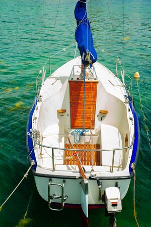 North macedonia. Ohrid. White sail boat on lake, top view
