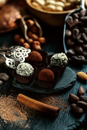 Handmade candies, two truffles with cocoa powder and two with coconut flakes. Chocolate candies inside of candy wrapper on blackstone stand with cocoa beans, nuts, cocoa powder around.の写真素材