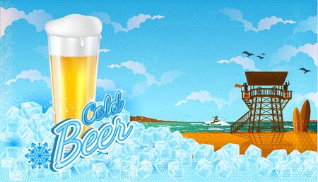 Glass of beer in ice cubes with miami beach landscape with blue sky.のイラスト素材