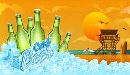 Six bottles of beer in ice cubes with miami beach landscape.のイラスト素材