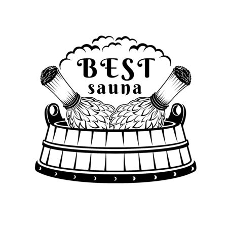 Label for sauna, banya or bathhouse. Two besom in wooden tub.のイラスト素材