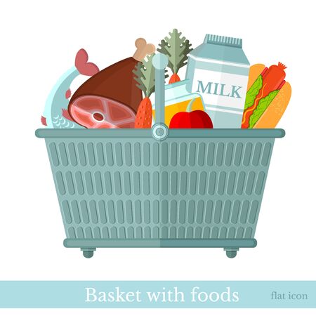 flat icon shop basket with different foods on whiteのイラスト素材