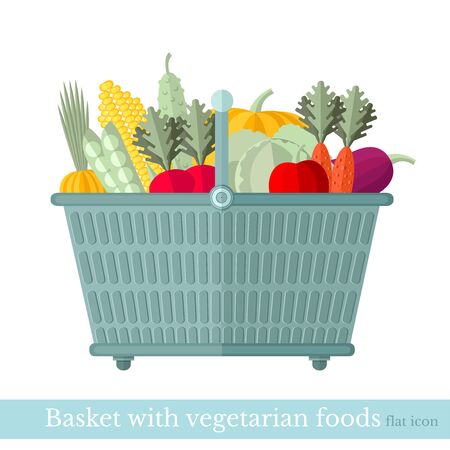 flat icon shop basket with different vegetarian foods on white.のイラスト素材