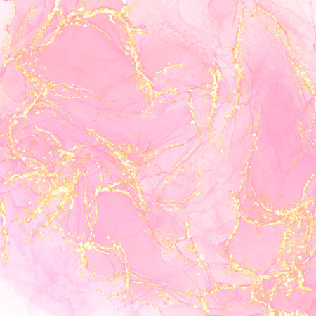 Abstract pink watercolor background with gold glitter. Hand-drawn illustration.の写真素材
