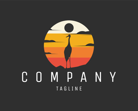 stork with black moon. isolated on a black background looking from behind looking at the beautiful sunset. best for logo, badge, emblem, icon, sticker design. available in eps 10のイラスト素材